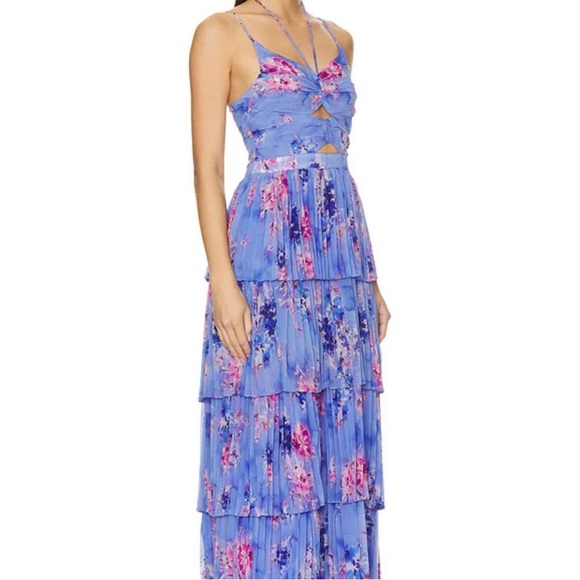 Astr Daytona Pleated Floral Tiered Maxi Dress in Blue & Pink Small $180- - Picture 3 of 15